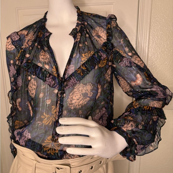 Veronica Beard Floral Ruffle V-Neck Blouse - Picture 11 of 16